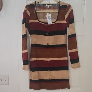 Ultra Flirt Long Sleeve Striped Dress - Red, Black, Tan